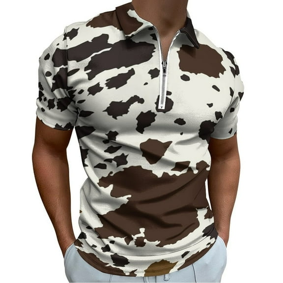 Cow Print Textures Men Zipper T-shirt Summer Casual Short Sleeve T-shirt Top
