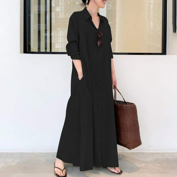 Fall Trends Clothes For Women 2023 Women'S Cotton Linen Turndown Collar Long Sleeve Pocket Loose Long Shirt Dress Black Xl