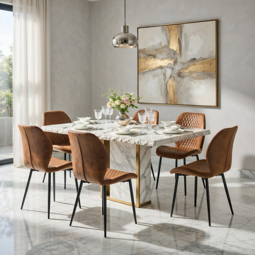 Hommoo 4-Pack Modern Quilted Dining Chairs with Black Metal Legs, Luxury Diamond-Stitch Fabric, Ergonomic Design for Home, Cafe & Office Use, Brown