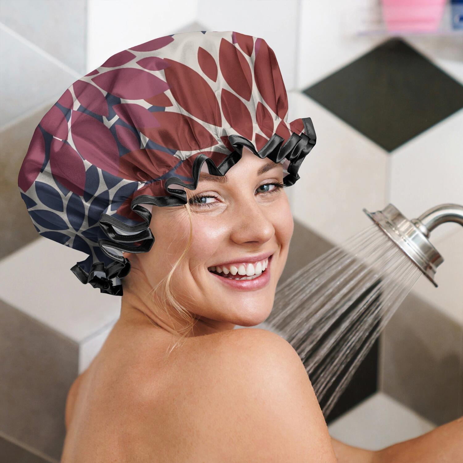 Shower Caps,Red and Blue Floral Pattern Waterproof Shower Cap for Women 4 Pieces,Double Reusable Hair Cover for Shower PEVA Elastic Stretch Hem