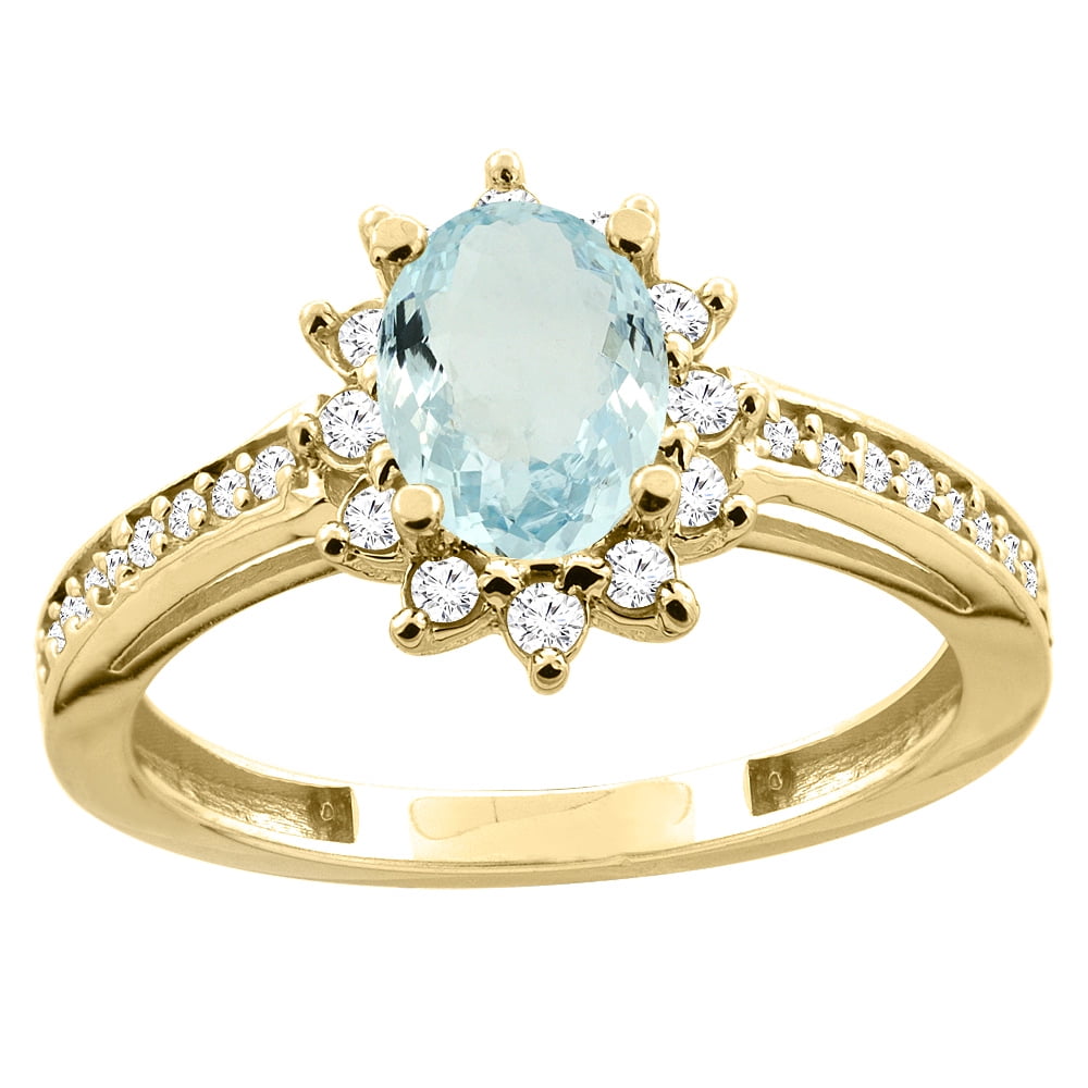 14K White Yellow Gold Natural Aquamarine Floral Halo Ring Oval 7x5mm Diamond Accent, sizes 5 10 by WorldJewels