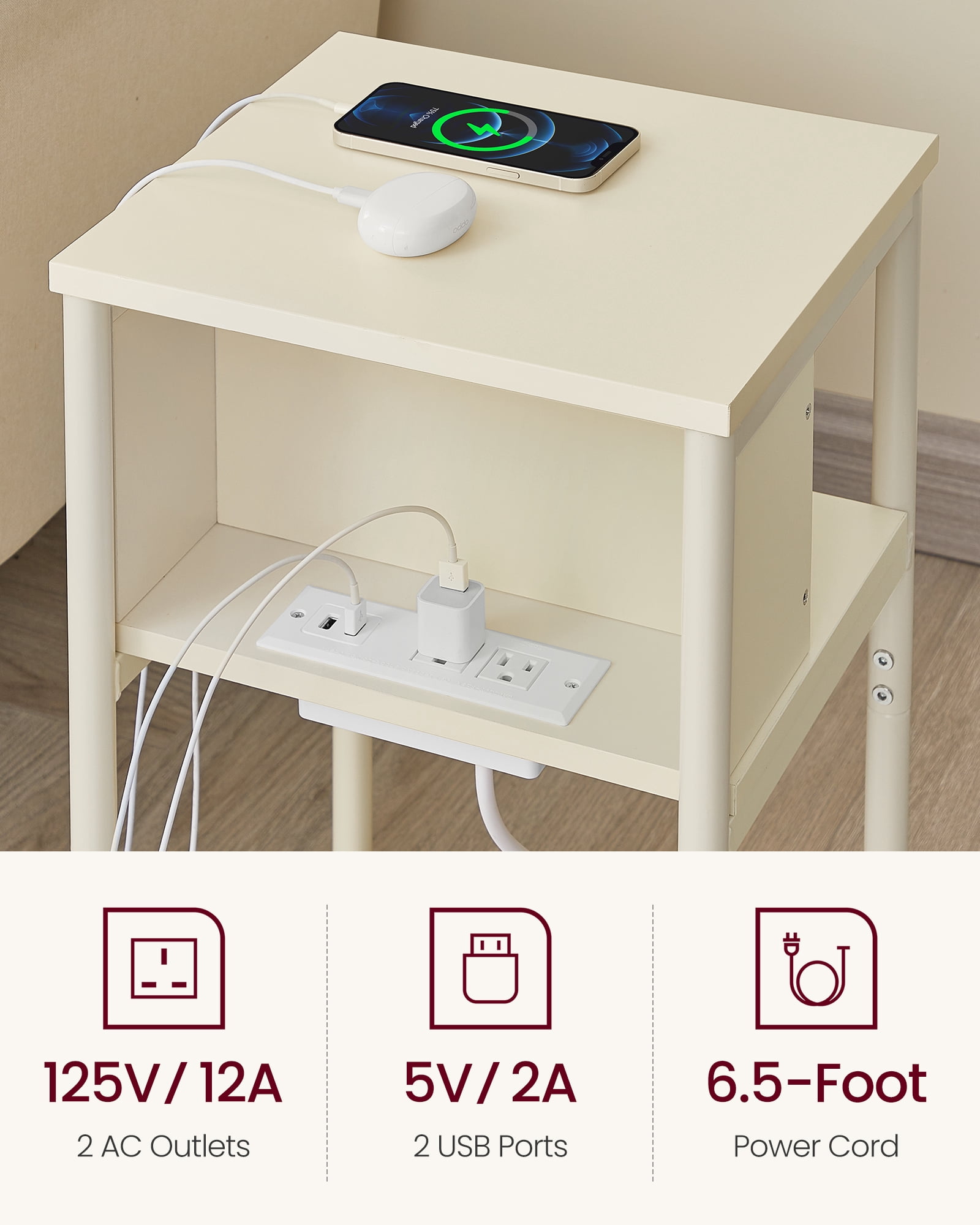 3-Tier End Table with Charging Station Side Table with USB Ports and Outlets Nightstand Cream White