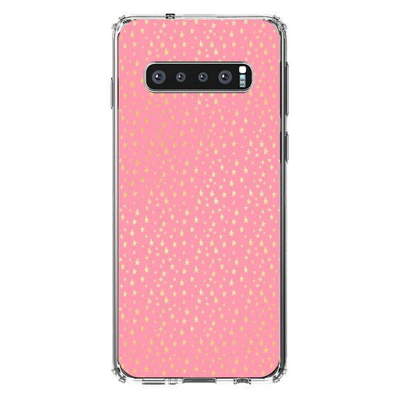 DistinctInk Clear Shockproof Hybrid Case for Samsung Galaxy S10 (6.1" Screen) - TPU Bumper, Acrylic Back, Tempered Glass Screen Protector - Pink & Gold Star Pattern