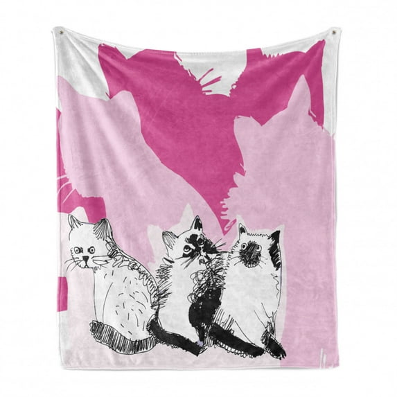 Animal Soft Flannel Fleece Throw Blanket, Baby Cats Kittens with Shadow Sketchy Image Artwork, Cozy Plush for Indoor and Outdoor Use, 50" x 70", Pale Pink Hot Pink, by Ambesonne