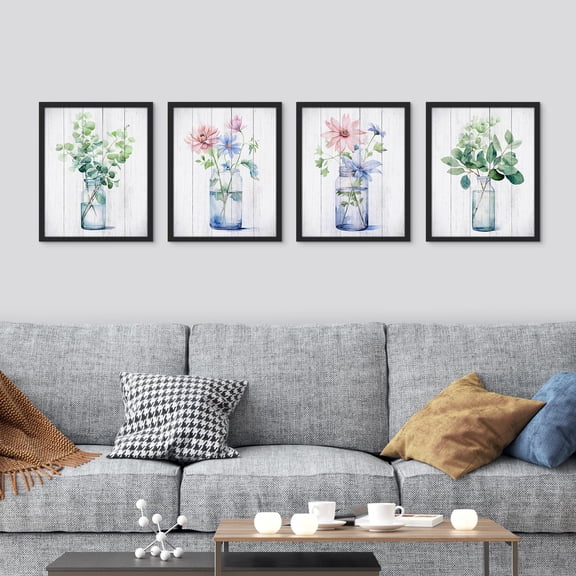 PixonSign Framed Wall Art Wildflower Bouquets in The Bottles Prints, Set of 4 Nature Wildernes Paintings, Rustic Wall Décor, Flower Plants Adhesive Canvas Poster for Home Decor - 8"x10" Black