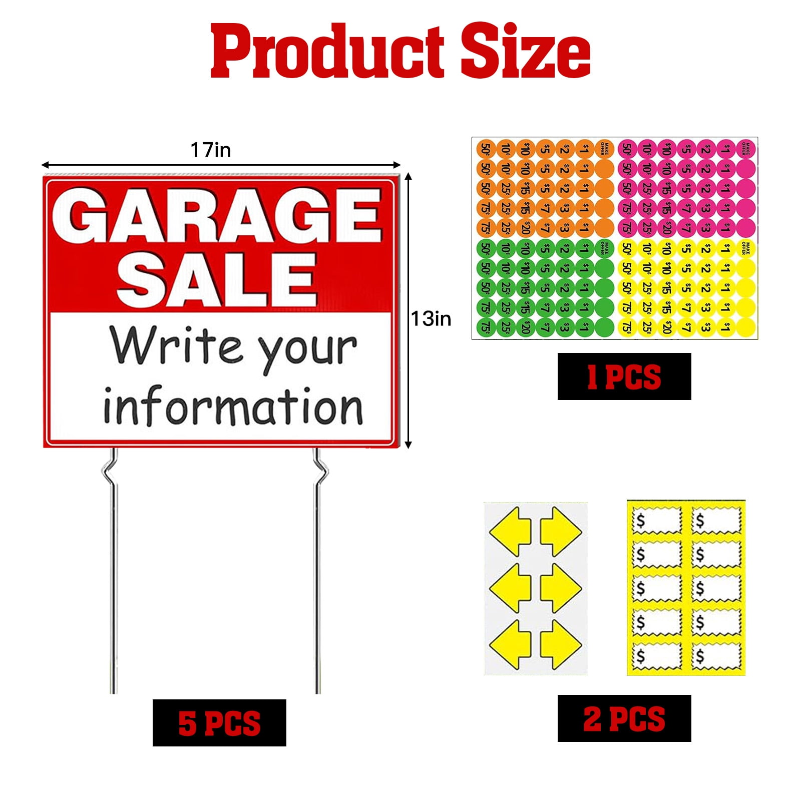 VEGCOO Garage Sale Kit (5 Pcs) 13x17 inch with Metal Stakes & 4 Price Stickers - Reusable Double-Sided Weatherproof Garage Sale Signs, Directional Arrow Sign for Yard Sales Supplies, Weatherproof