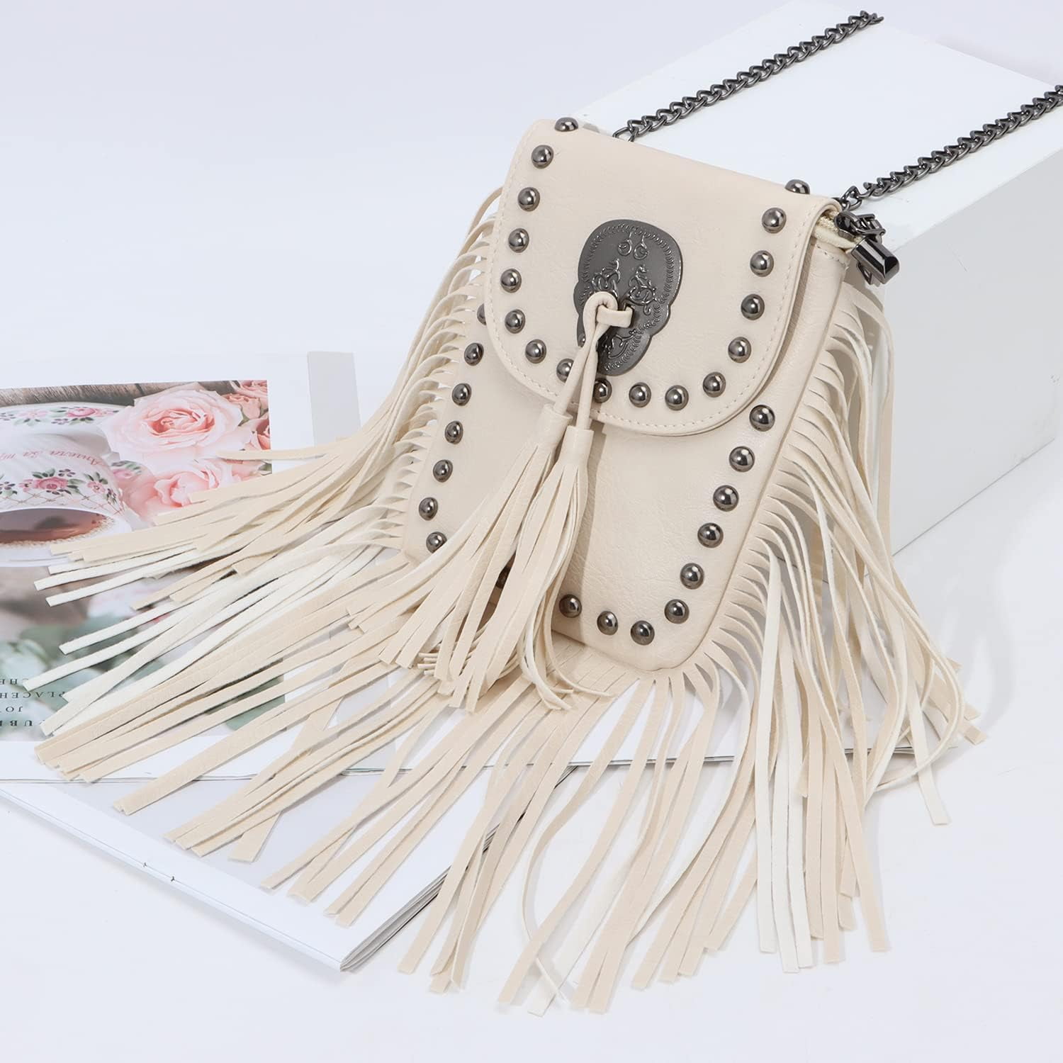 Leather Skull Fringe Purses for Women Black Tassel Shoulder Crossbody Bag Unique Gothic Punk Satchel Handbag