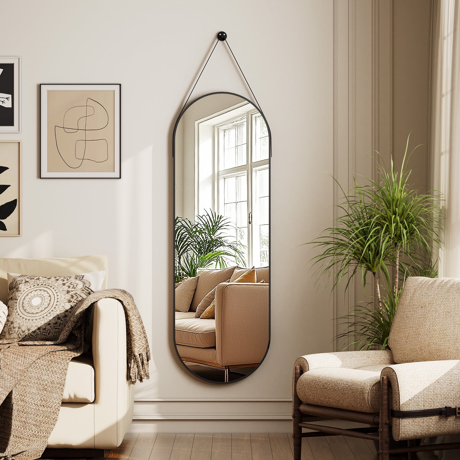 BEAUTYPEAK 48" x 16" Full Length Mirror Oval Hanging Wall Mirror with Leather Strap,Black