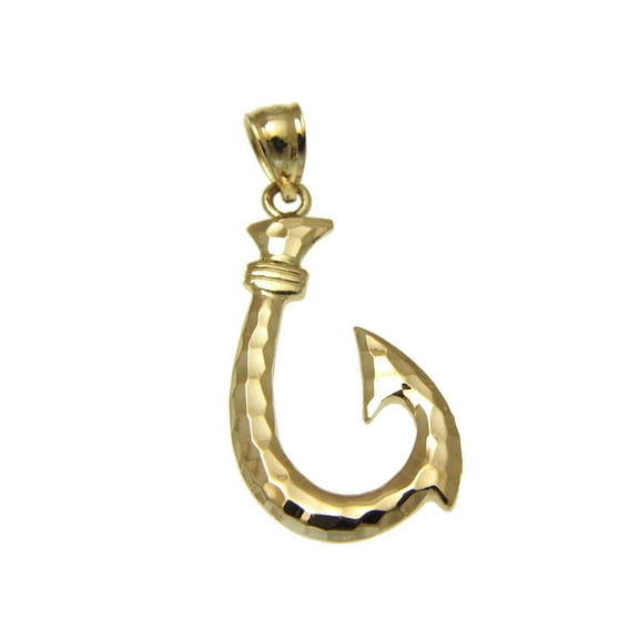 14K solid yellow gold 2 sided Hawaiian fish hook 17.20mm smooth diamond cut pendant