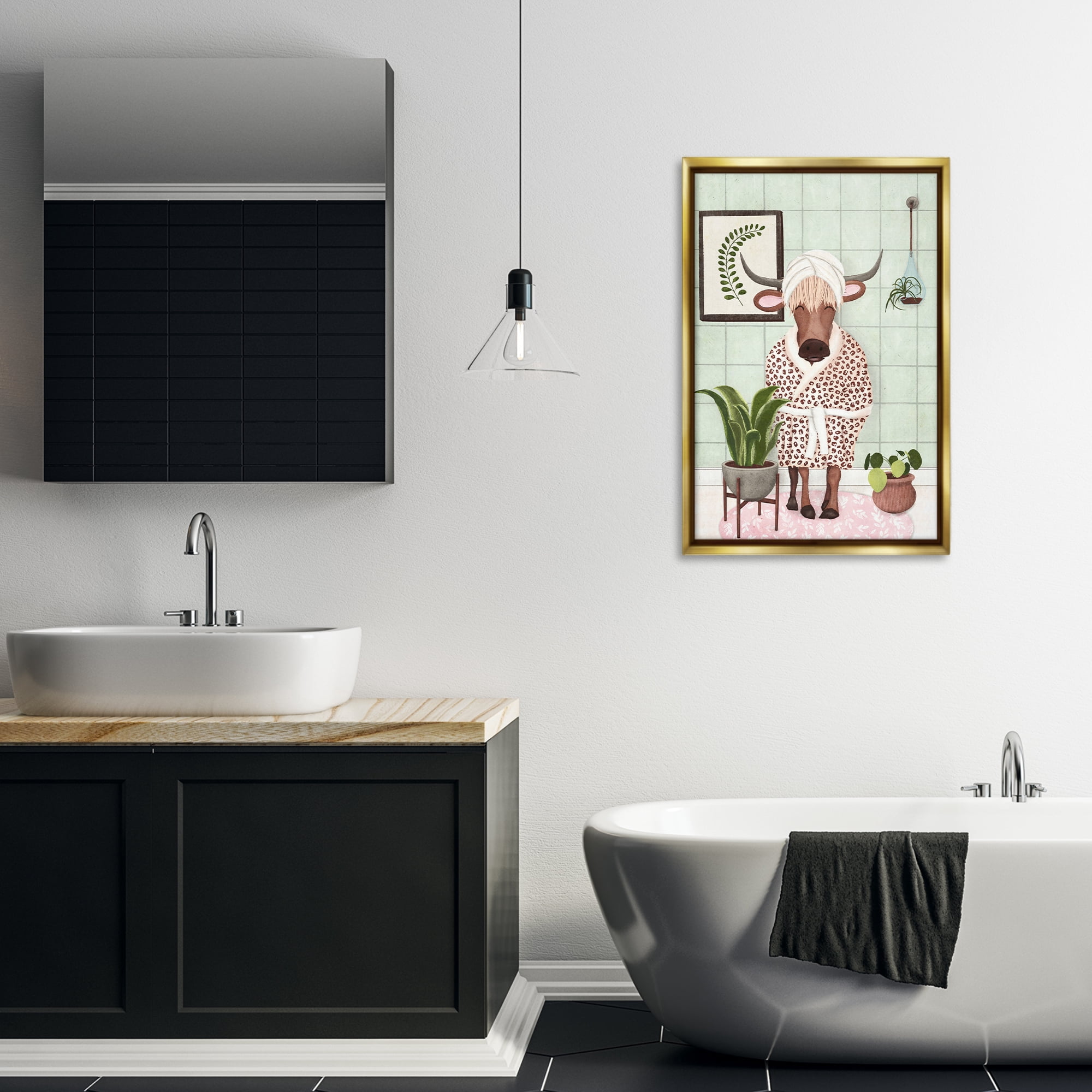 Stupell Industries Cow in Bathrobe Typography Painting Gold Floater Framed Canvas Art Print Wall Art, 21 x 31