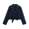 thumbnail image 4 of Womens Cropped Trench Coat Oversized Double Lapel Long Sleeve Short Jacket Fashion Outerwear,Color:Blue,Size:M, 4 of 4