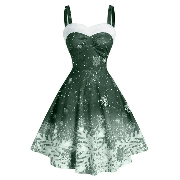 BLTIBY 2024 Womens Christmas Camisole Dresses Snowflake Print Furry Trim Vintage V-Neck Dress Mrs Santa Claus Holiday Cocktail Party Sleeveless Swing Dress A-Line Midi Outfits Green M
