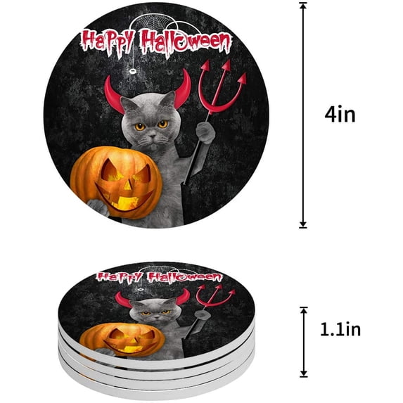 FMSHPON Halloween Devil Cat Holding Pumpkin Set of 6 Round Coaster for Drinks, Absorbent Ceramic Stone Coasters Cup Mat with Cork Base for Home Kitchen Room Coffee Table Bar Decor