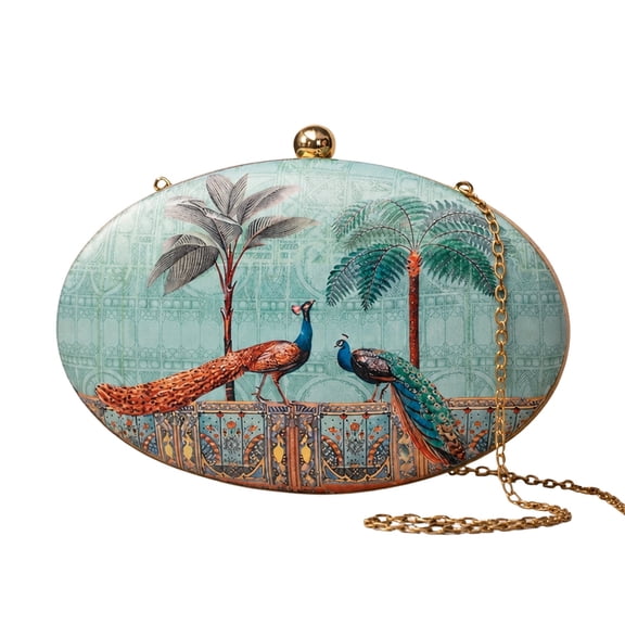 ARTKLIM Peacock Pattern Oval Clutch Bag for Women with Detachable Strap
