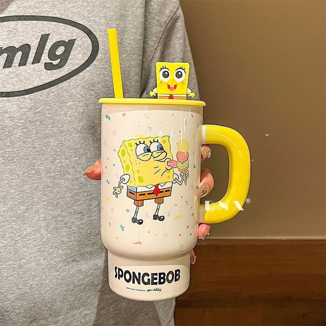 Taza de gran capacidad de Bob Esponja, taza de paja bonita para parejas, Taza de cerámica para el hogar, taza de café, regalo para mujeres