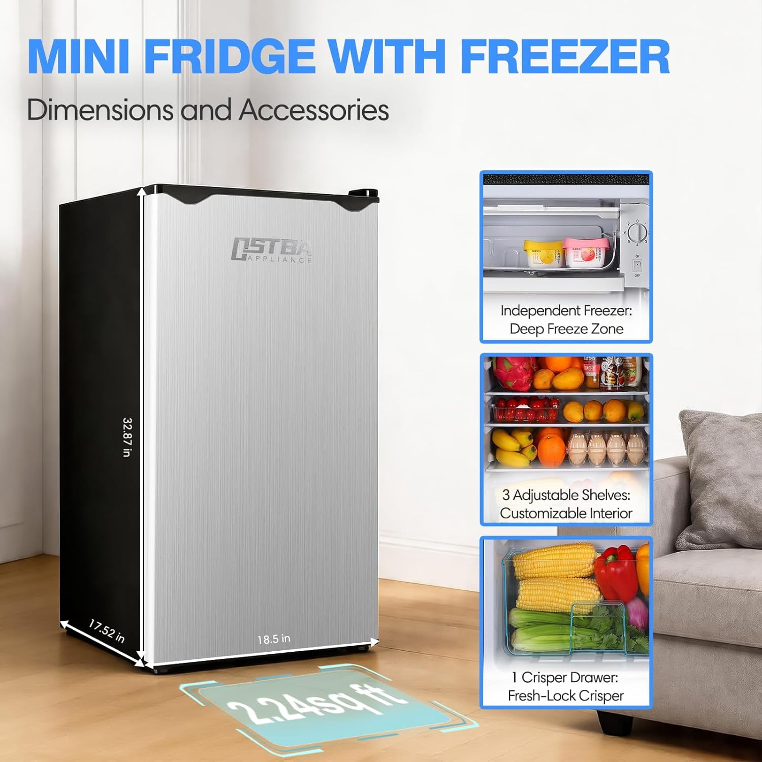 OSTBA 3.2 Cu.Ft Mini Fridge with Freezer, Single Door Compact Refrigerator with Adjustable Thermostat, Low Noise, Removable Glass Shelves, Large Capacity for Bedroom, Dorm, Office,Silver