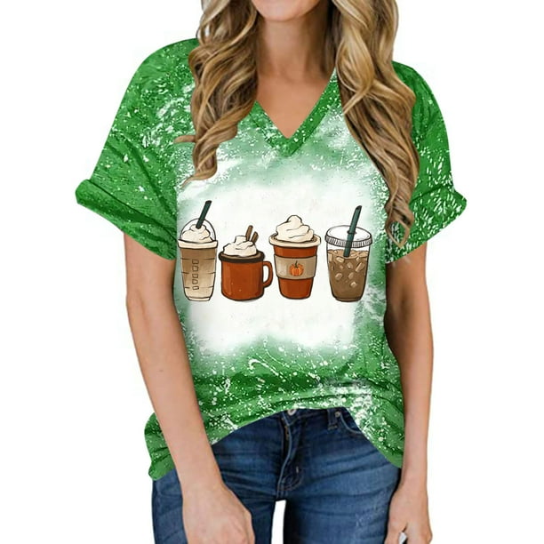 Camiseta con cuello en V para mujer Camiseta con estampado de Halloween Camiseta de manga corta Tops Pompotops hkajfhjk473032