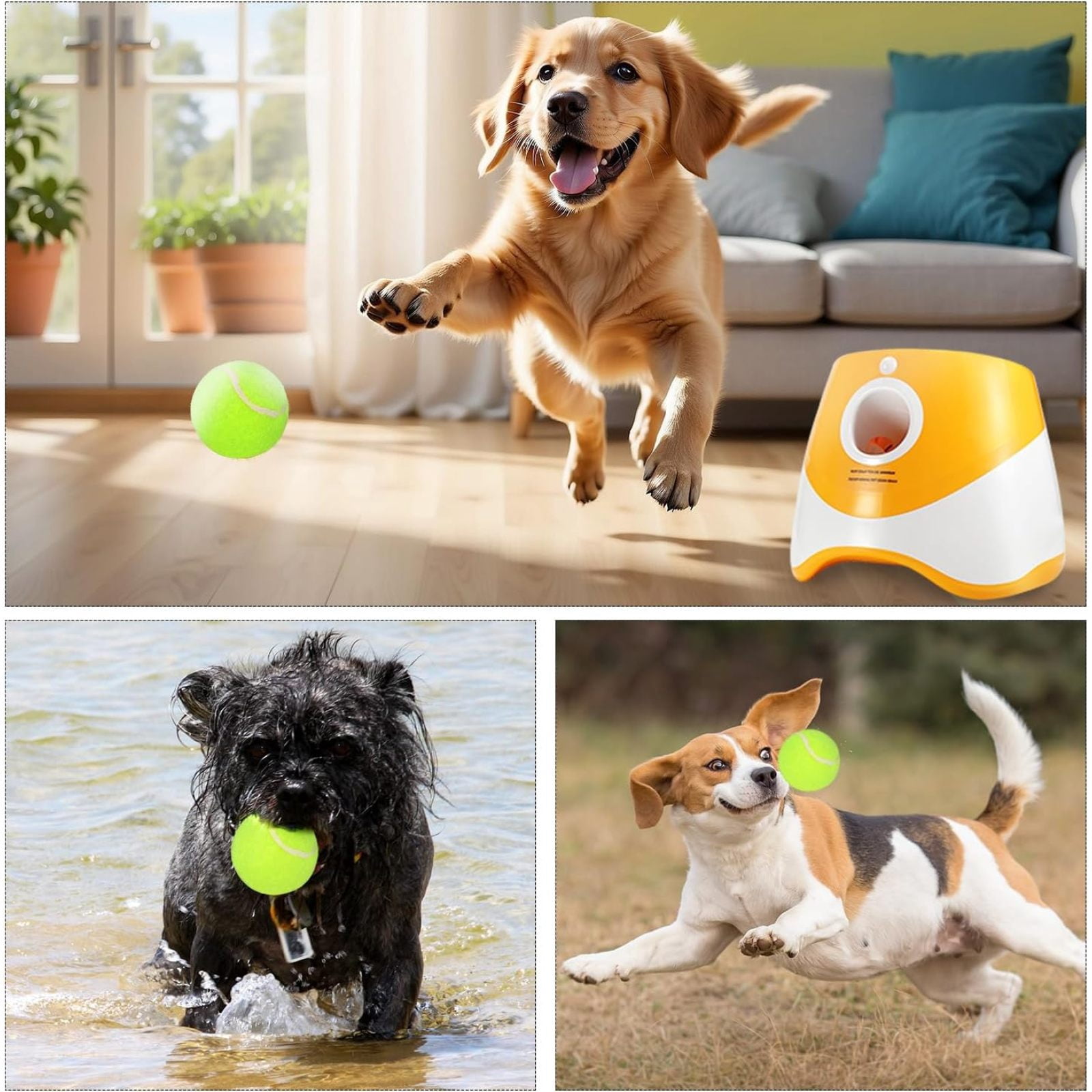 SQDWYGUO Automatic Dog Ball Thrower Launcher with 12 PCS Tennis Balls,Thrower Distance 10-30ft, Interactive Dog Fetch Machine Toy for Small Dogs,Yellow