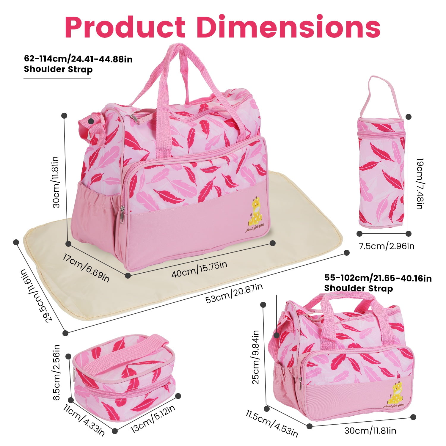 Moclever 5Pcs Baby Nappy Tote Bags Set for Mom Dad, Mummy Diaper Handbags with Diaper Pad Food Bag Bottle Bag Travel Tote Bags, Light Pink
