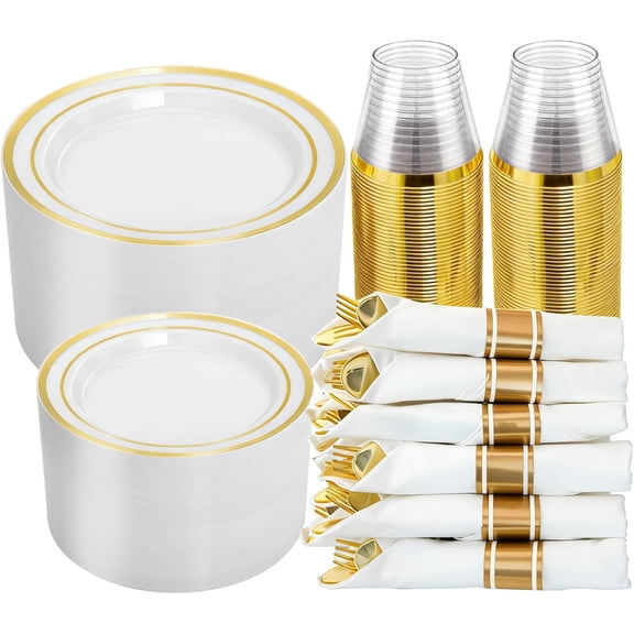 350PCS White and Gold Plastic Plates, Disposable Dinnerware Set