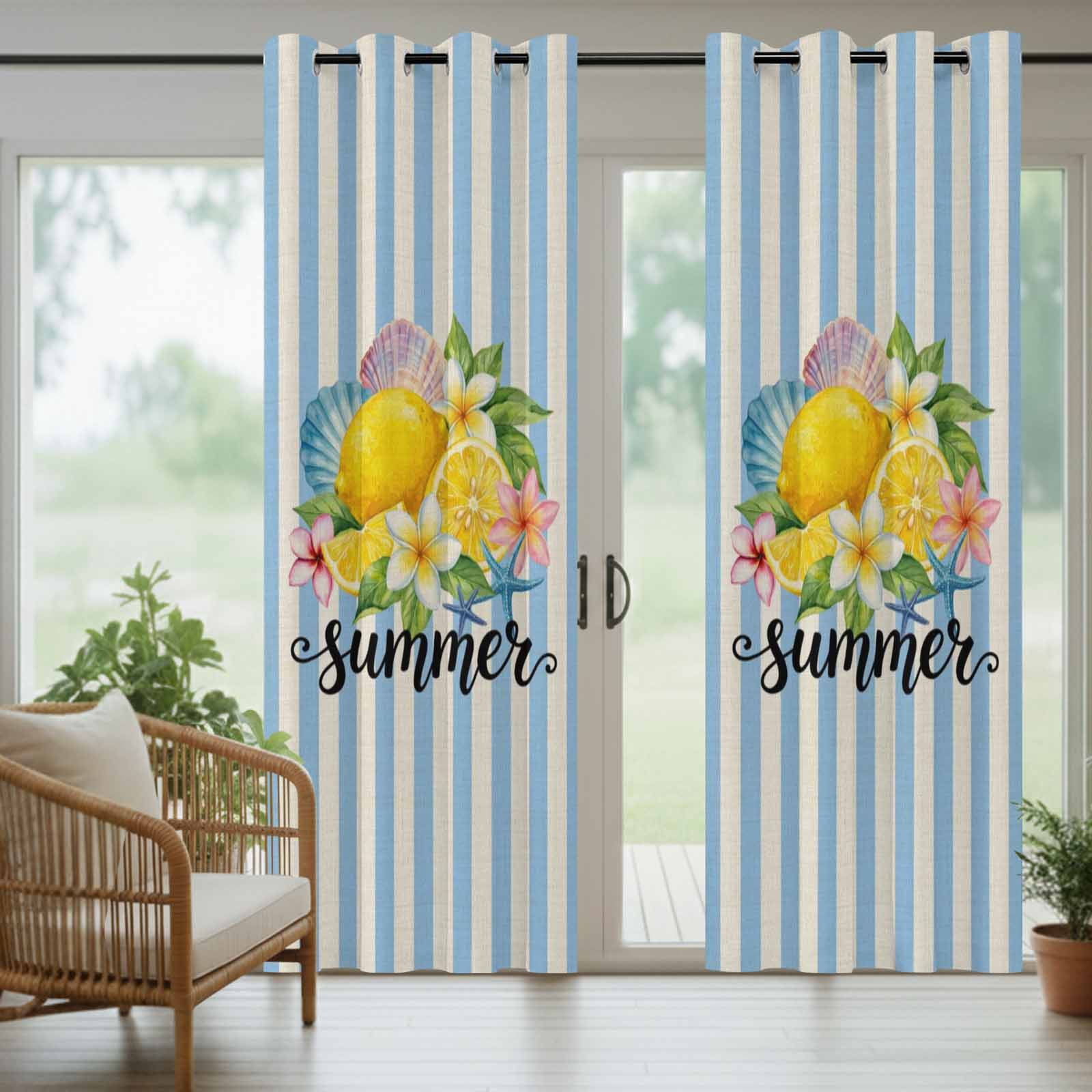 Lemon Summer Outdoor Curtains for Patio, Fruit Starfish Shell Blue Stripes Retro Sunshade Privacy Drapes Grommet Waterproof Outside Curtains for Porch/Cabana/Balcony 54"x 108", 1 Panel