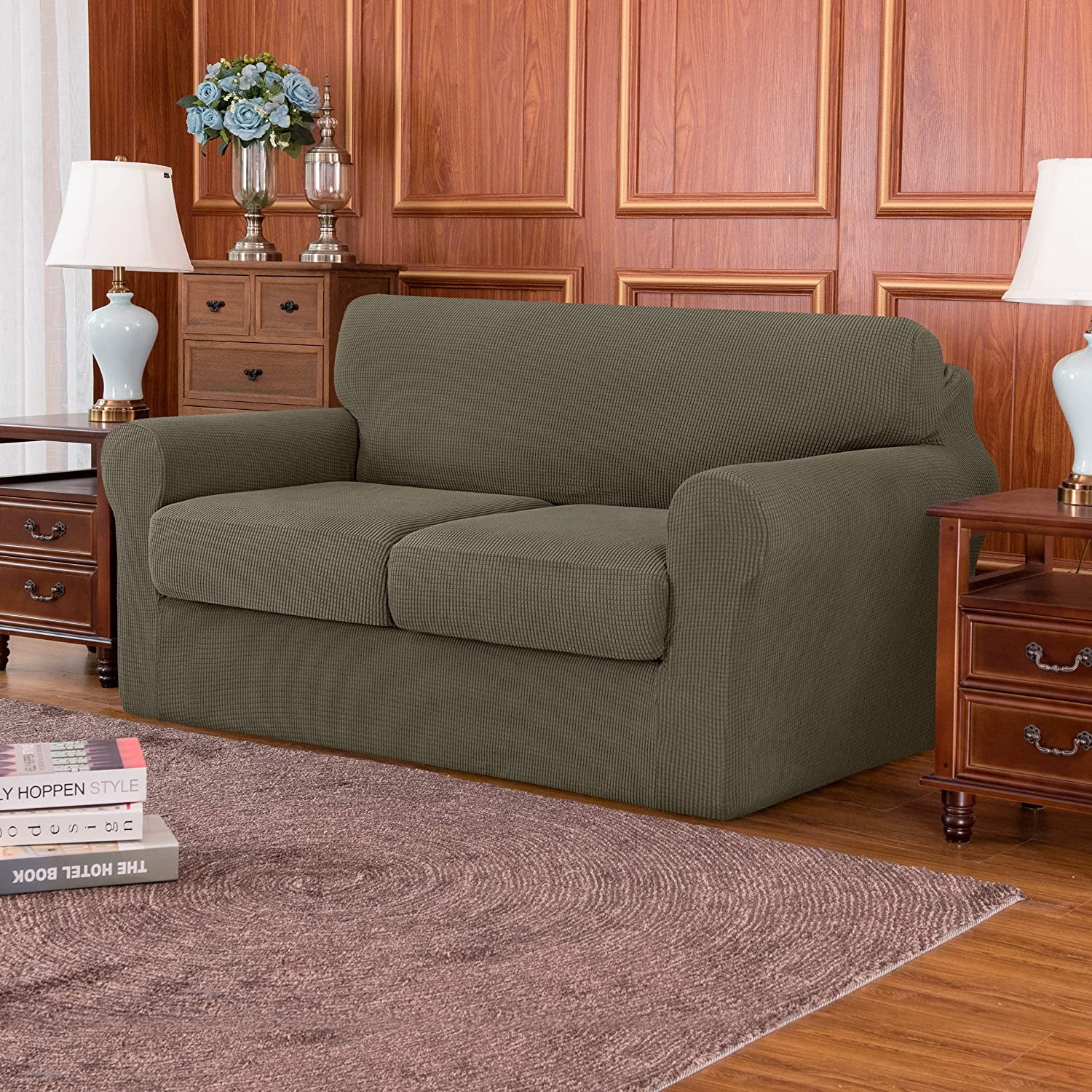 Subrtex 3-Piece High Spandex Textured Grid Sofa Slipcover, Separate Cushion Cover (Olive Green, Loveseat)