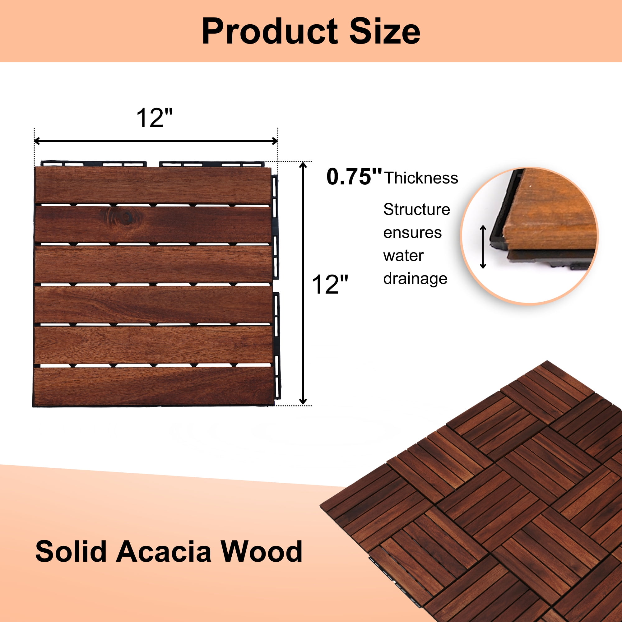 Miniyam 10 Pcs Interlocking Deck Tiles,  12x12 inch, Acacia Solid Wood, for Outdoor Balcony Garden, Brown