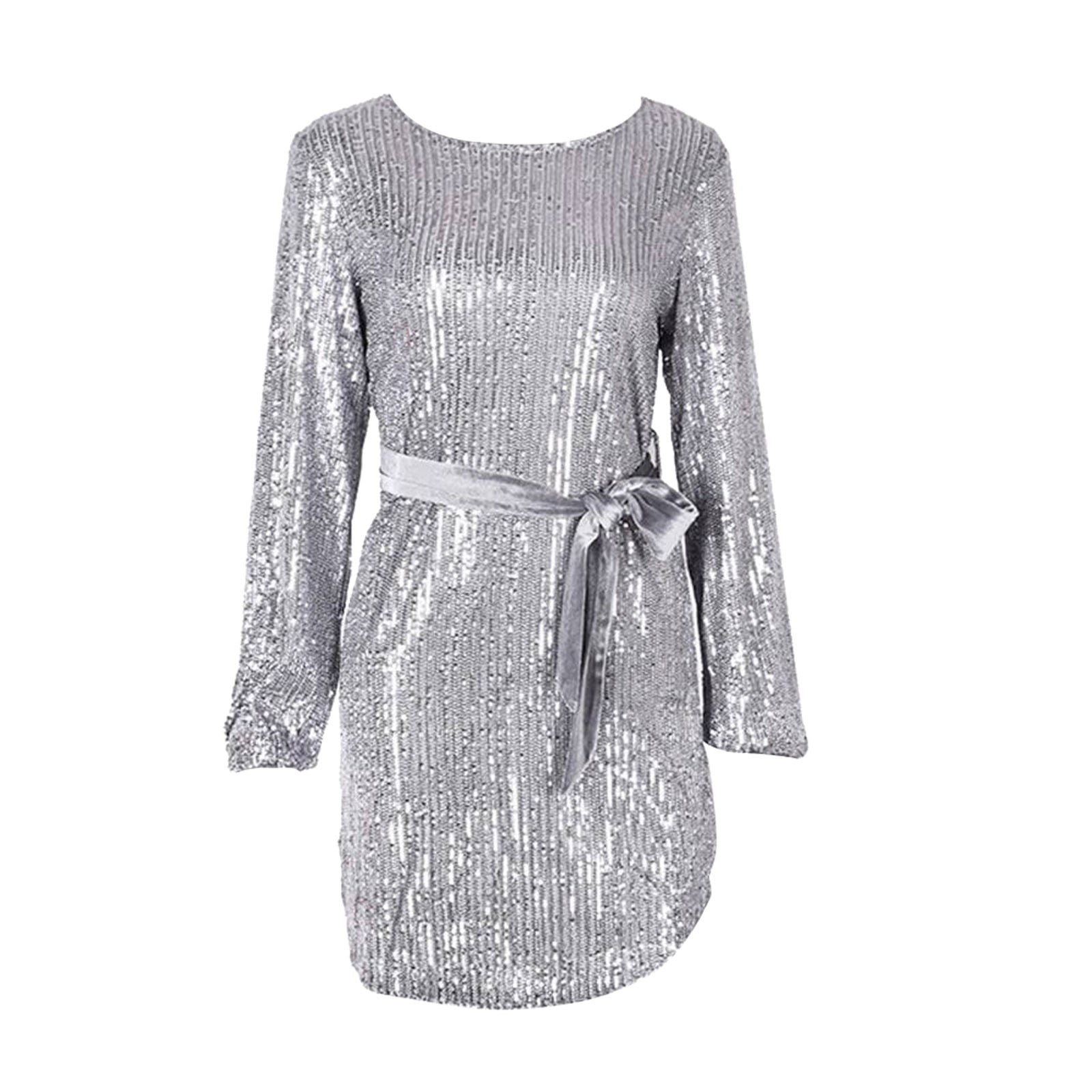Huowey Women Dress Sequins Classic Lantern Sleeve Crewneck High Waist Solid  Color Long Sleeve Dresses Sparkly Glitter Mini Dress Loose Fit Elegant  Wedding Party Clubwear,Grey,S - Walmart.com