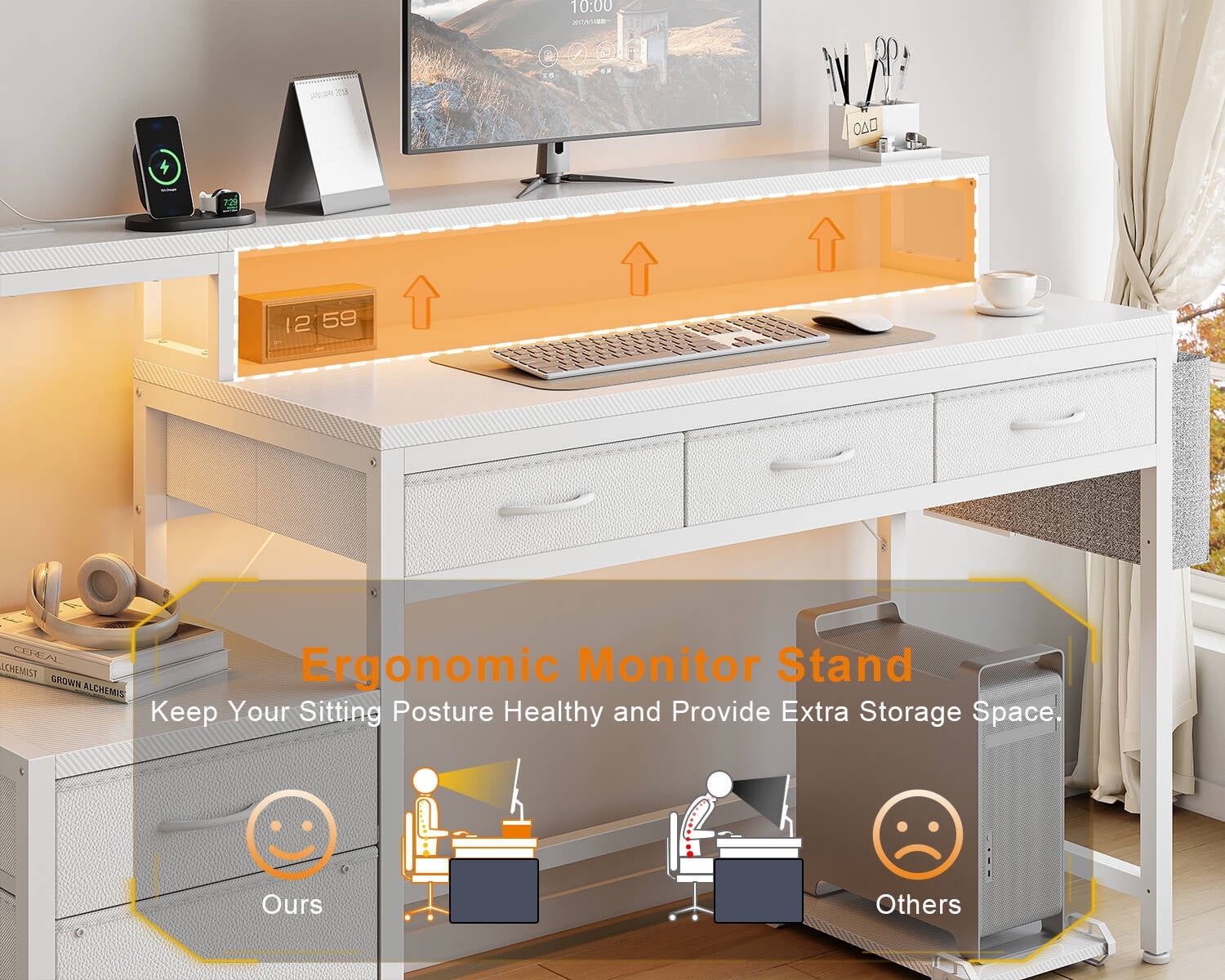 GUNAITO 60 inch Gaming Desk with 5 Fabric Drawers & Storage Shelves, Computer Desk with LED Lights & Charging Station,Carbon Fiber White