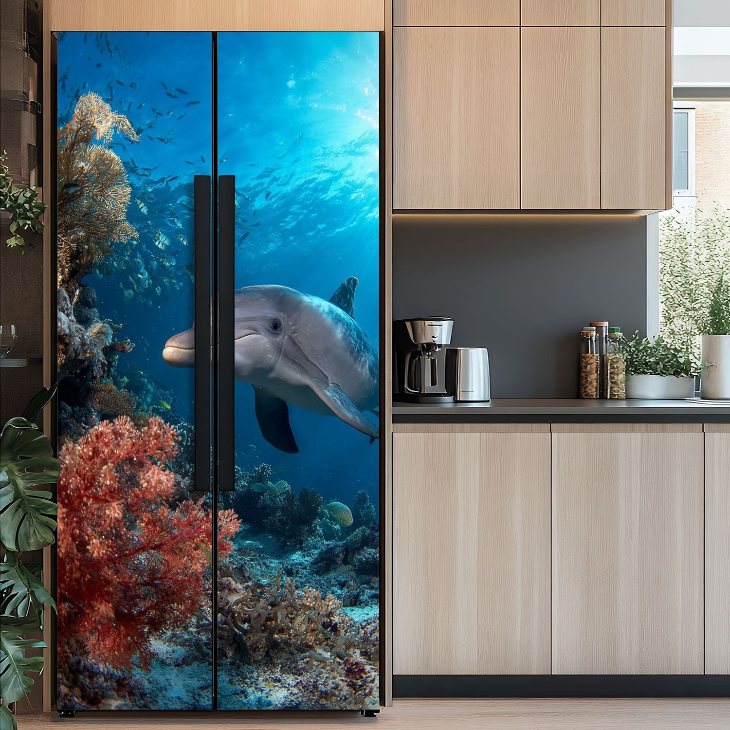 Self Adhesive Vinyl Refrigerator Wrap Set dolphin turtle underwater Door Mural Removable Fridge Sticker Peel and Stick&nbsp;Full Door Cover Decal Kitchen Bar Decor