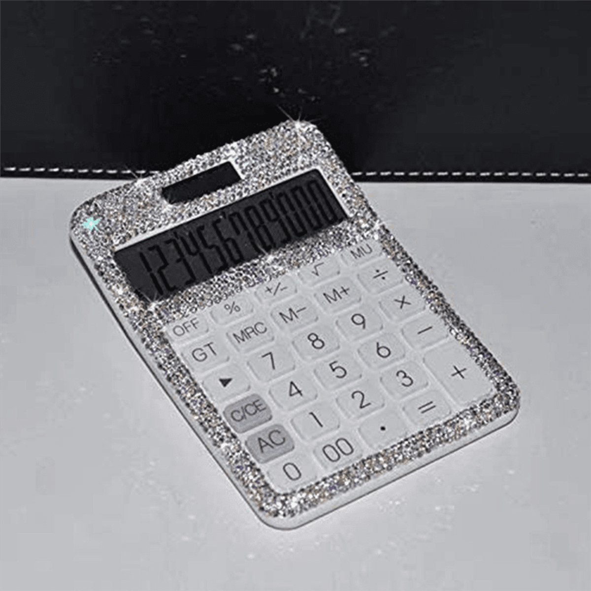 3X Rhinestone Crystal Dazzling 12 Digit Solar and Battery Dual Power ,LCD Display Calculator for Office, School White