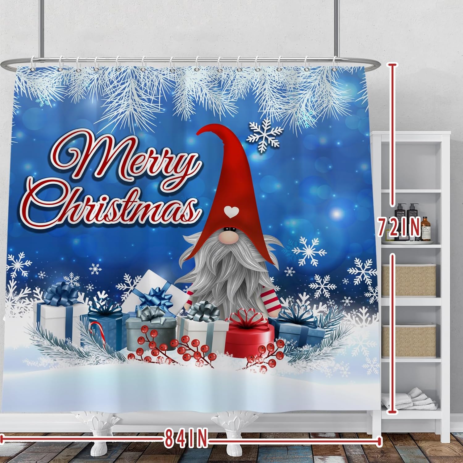 Merry Christmas Shower Curtain Set Winter Holiday Xmas Gifts Red Gnome Snowflake Vintage Farmhouse Shower Curtain for Bathroom Bathtubs with Hooks 84x72 Inches Polyester Waterproof Fabric