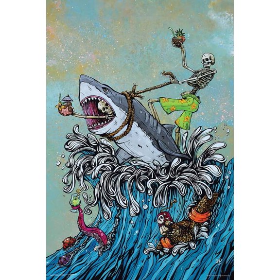 BUY ART FOR LESS Officially Licensed Great White Wave - 2 Skeletons Riding Shark 24 x 36 Inch Art Poster - Decorative Print - Poster Paper - Ready to Frame