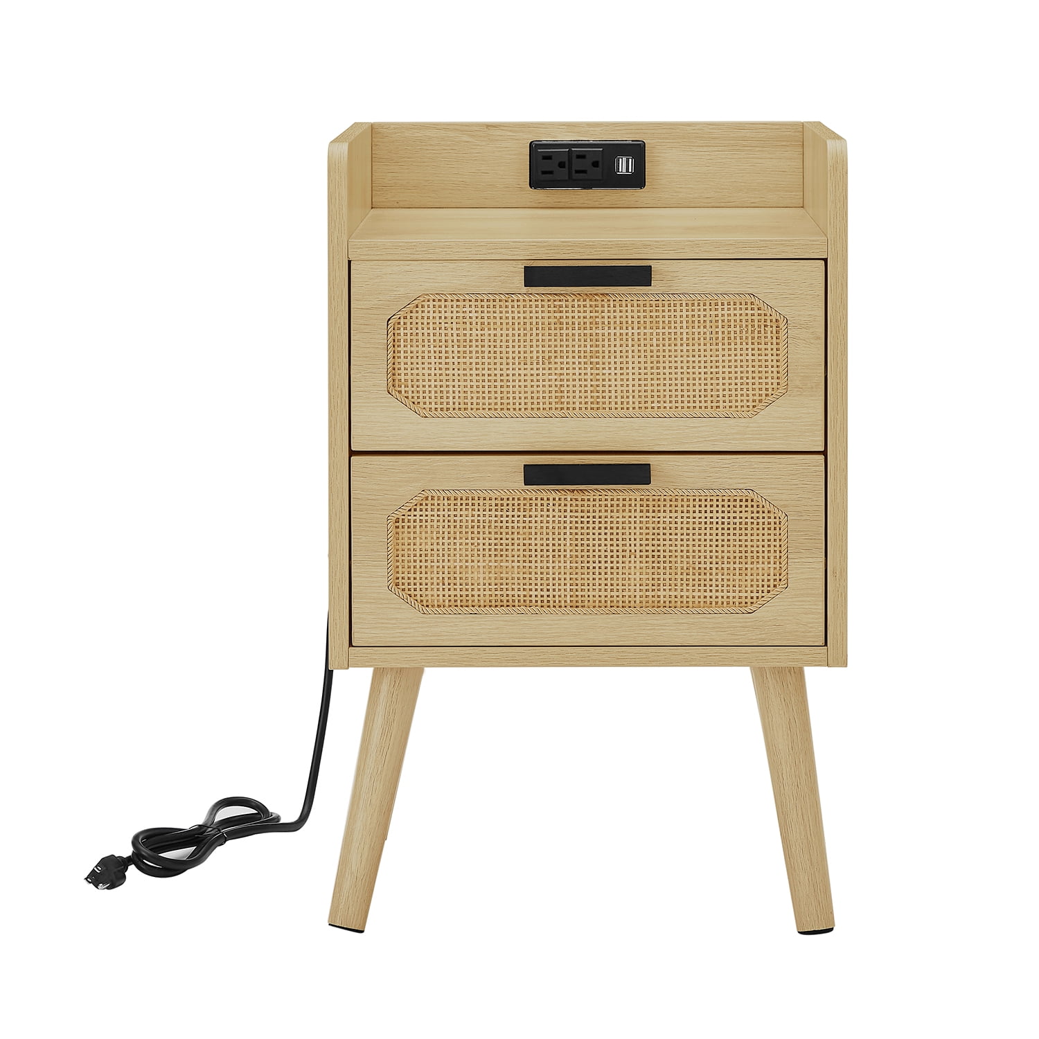 Kadyn Rattan Nightstand, Nightstand Side Table with Socket and 2 Drawers, Bedside Table for Bedroom, Golden Kadyn Rattan Nightstand, Nightstand Side Table with Socket and 2 Drawers, Bedside Table for Bedroom, Golden
