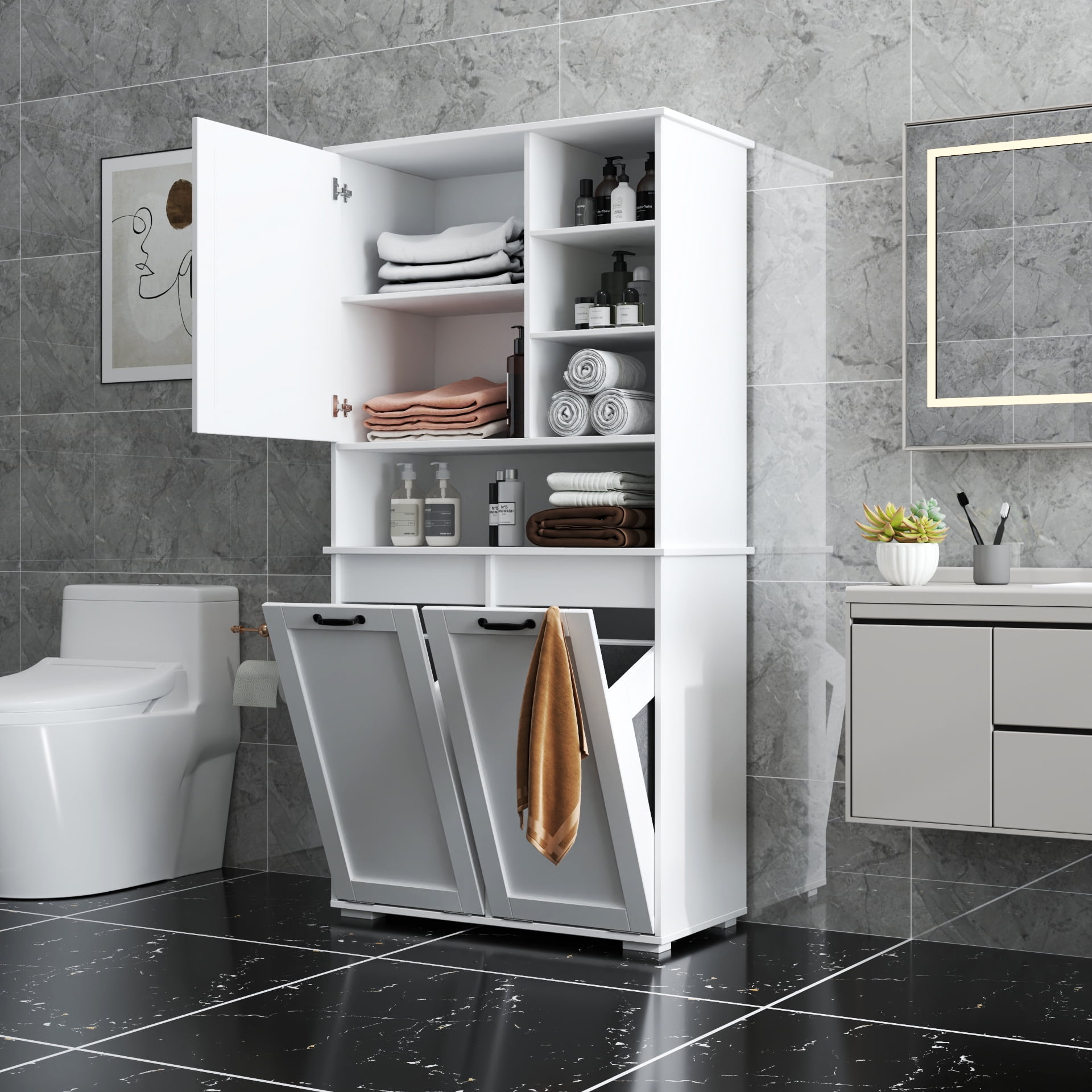 Mintazer 63" H Bathroom Storage Cabinet with 2 Tilt Out Laundry Hampers, Freestanding Laundry Cabinet with Adjustable Shelves, White