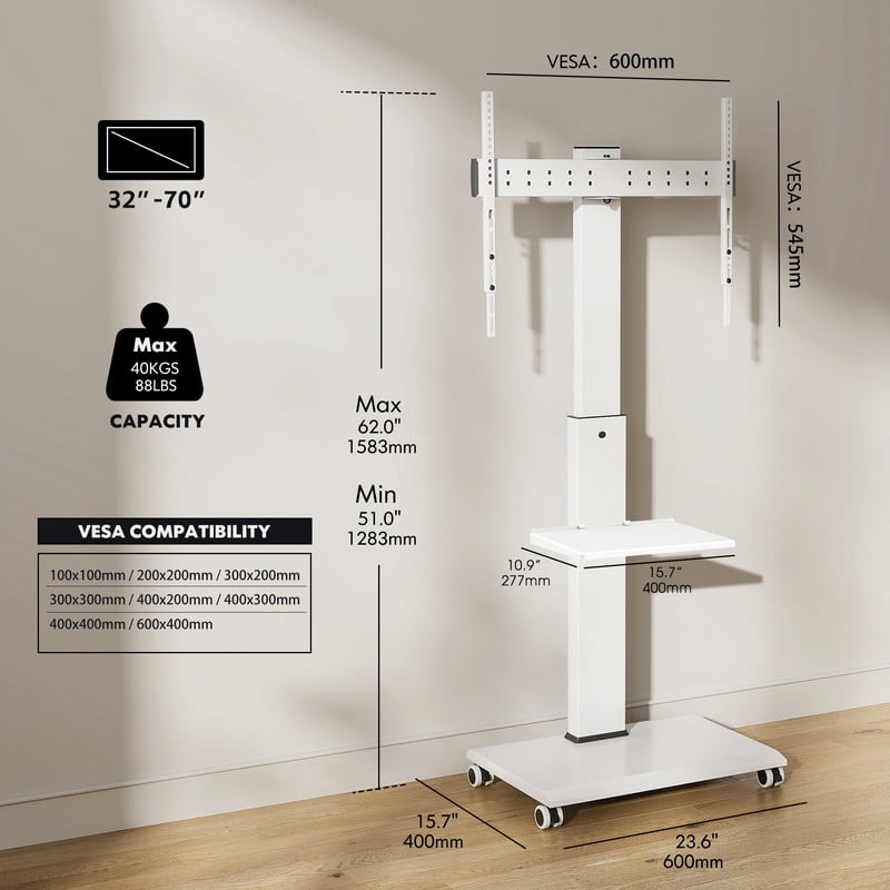 FITUEYES Rolling TV Stand for 32-70 inch with One Shelf,White