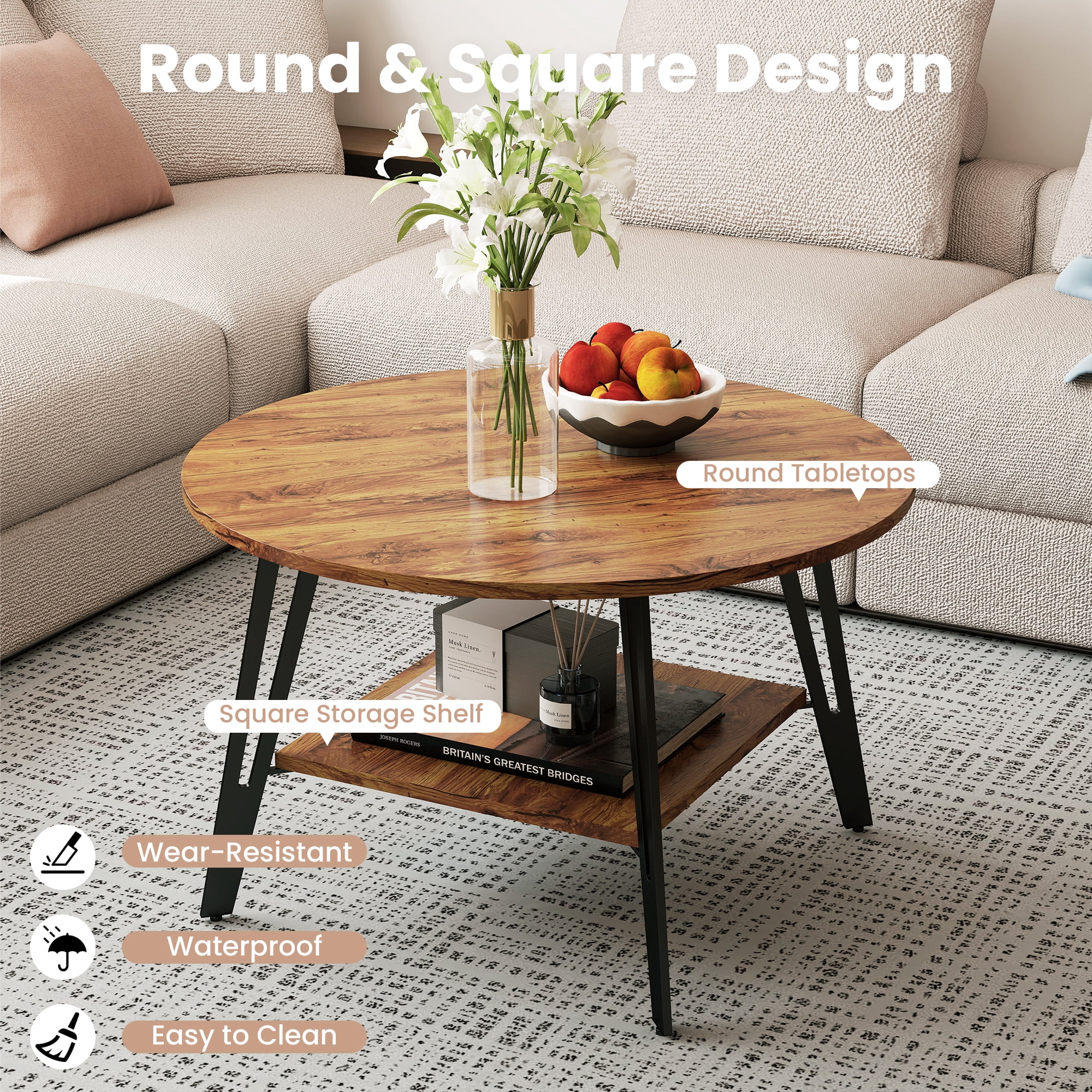Manxile Round Coffee Table with 2 - Tier Storage, Wood Coffee Table with Metal Legs, Modern Rustic  Center Table for Living Room, Red Brown