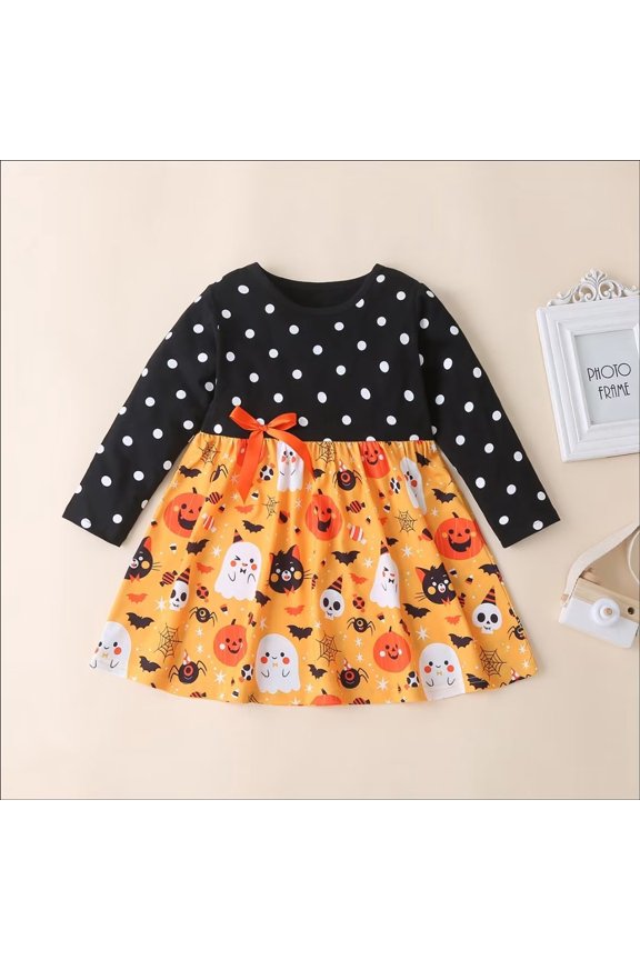 Baby Girls' Christmas Dress Bowknot Halloween Print Long Sleeve Princess Dress Party Holiday Wedding Toddler Girls' Dress 18M-6Y