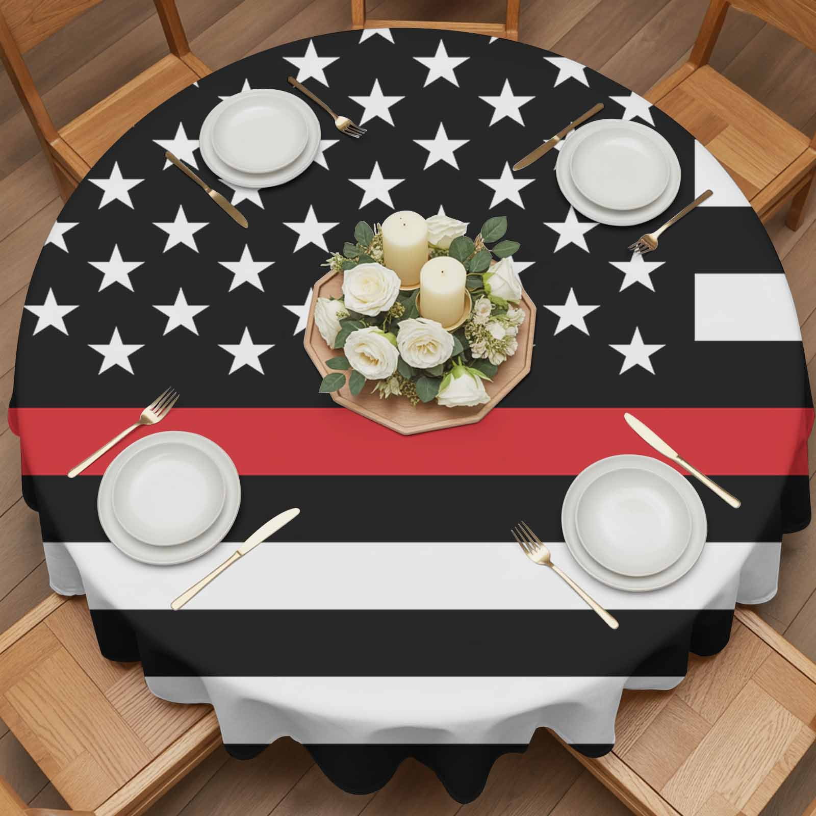 Round Tablecloth Patriotic Thin Red Line Flag Waterproof Oil Proof Polyester Table Cloth Cover Decor for Home Dining Outdoor,Patio,Parties, 60" Dia. Firefighter