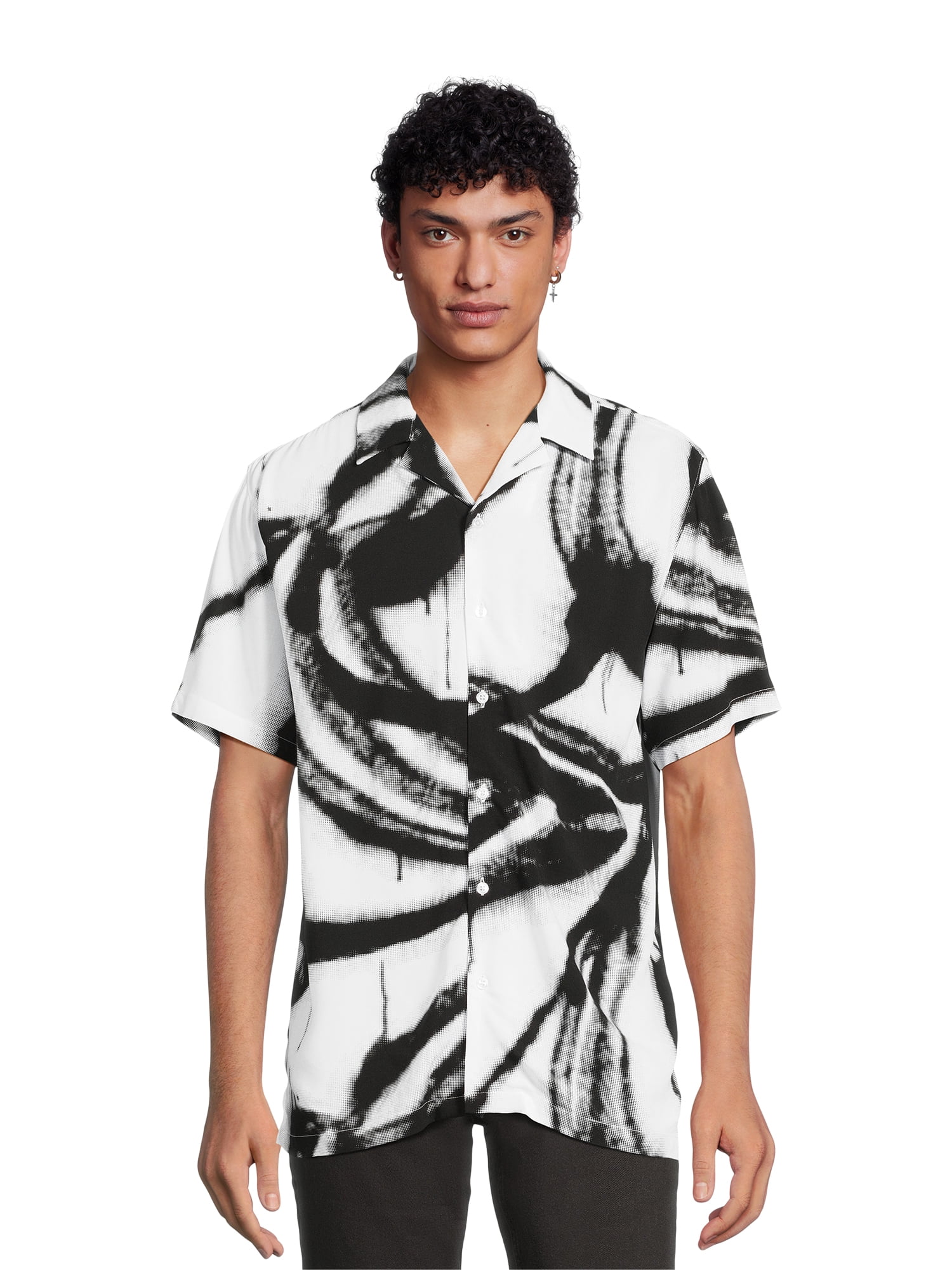 No Boundaries Men's Print Button Up Shirt with Short Sleeves, Sizes XS-3XL