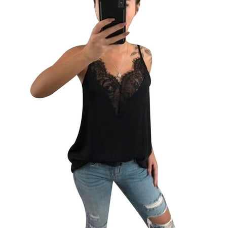 Lace Trimmed Cami - DYMADE Women's Deep V Neck Cami Spaghetti Strap Lace Vest Tank Top
