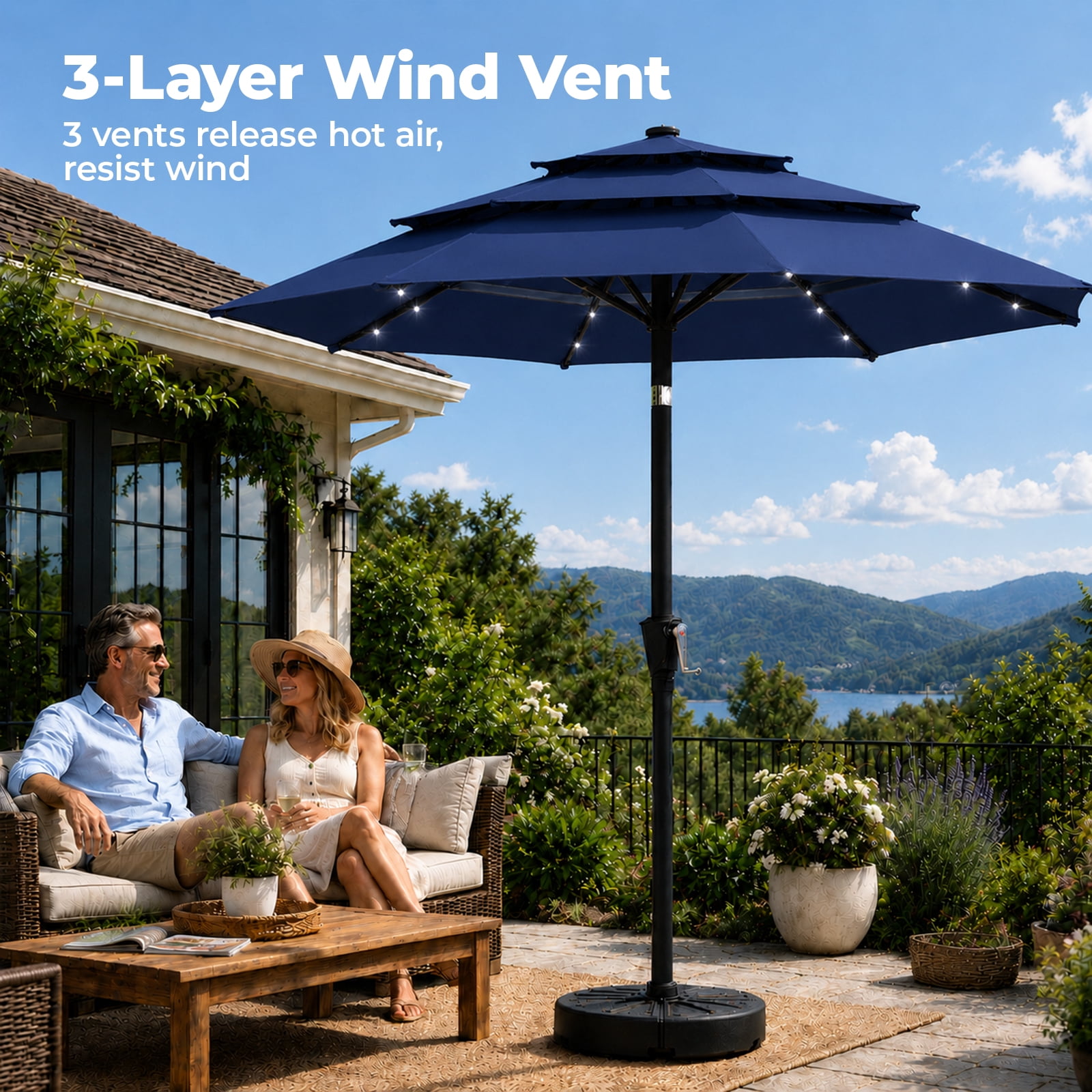 Alvantor 9ft 3‑Layer Solar Patio Umbrella Outdoor with 32 LED Lights, UV50+ Auto Dusk‑to‑Dawn for Dining Table, Outdoor Sofa & Beach Lounger