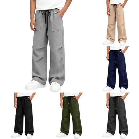 Rggeeun Child Boys Pants Pleated Detail Drawstring Solid Color Ankle Length Wide Leg Loose Fit Side Pockets Summer Fall Indoor Use Cool Trousers Gray 7-8 Years