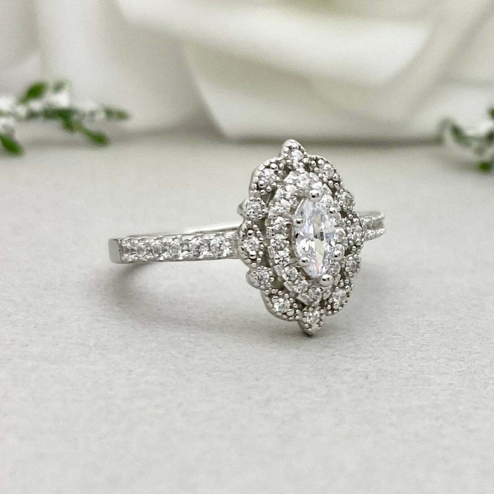 HeartsAndYou 2ct Engagement Ring for Women Marquise Cut Moissanite Dual Halo Vintage Inspired 18k White Gold over Silver