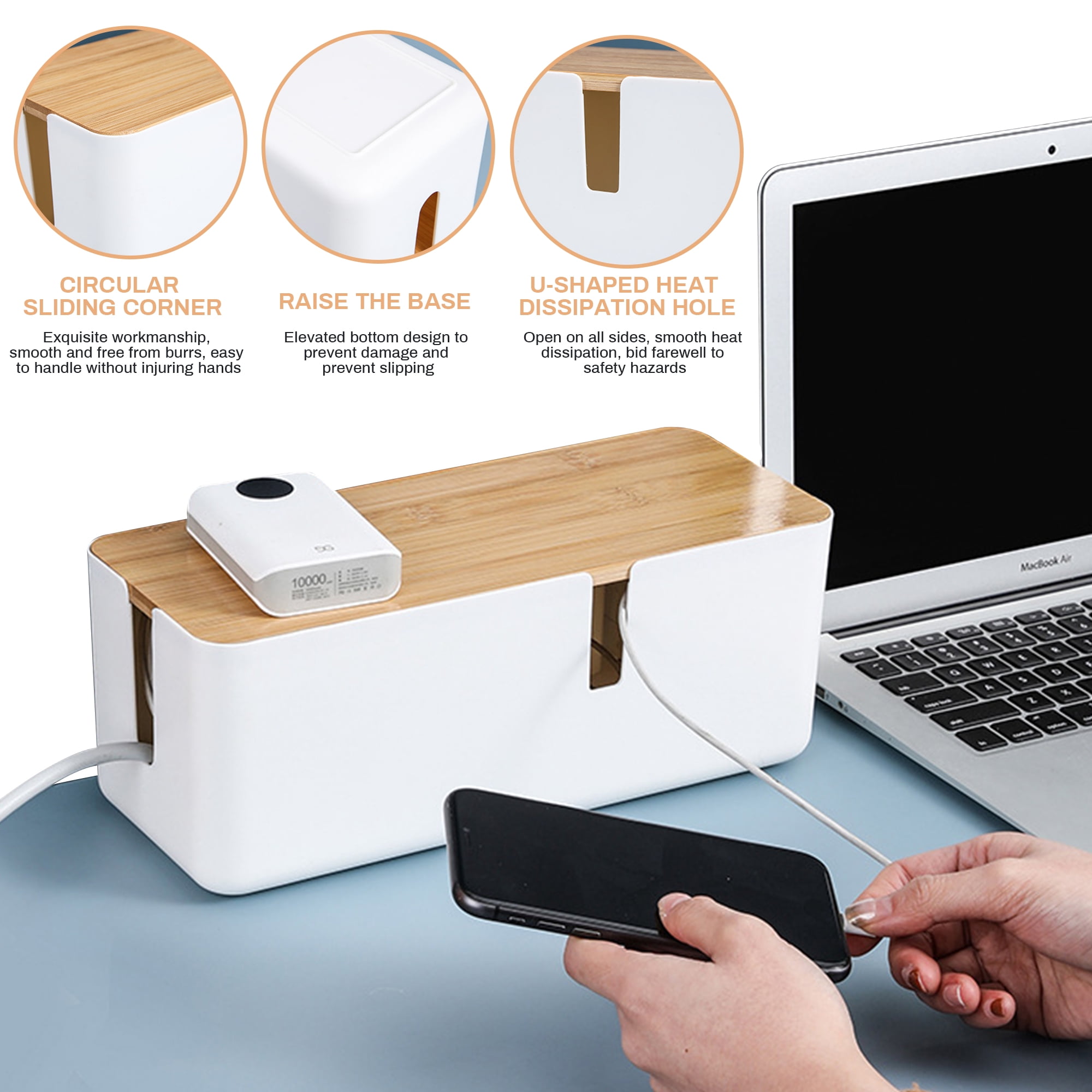 Cable Management Box - 12x5x4.5 inches, Cable Cover & Wood Lid, Cord Organizer for Desk TV Computer USB Hub System to Cover and Hide & Power Strips & Cords