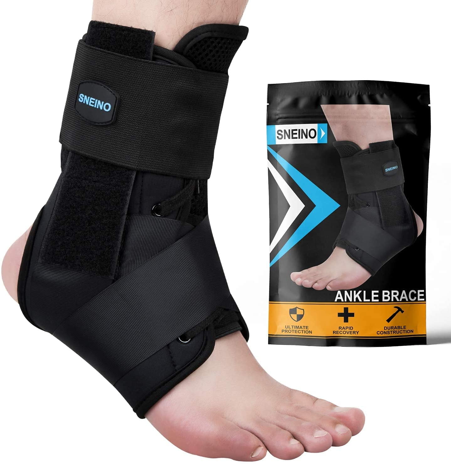 SNEINO Ankle Brace - Lightweight Adjustable Lace-up Ankle Support  Stabilizer, Black, X-Large