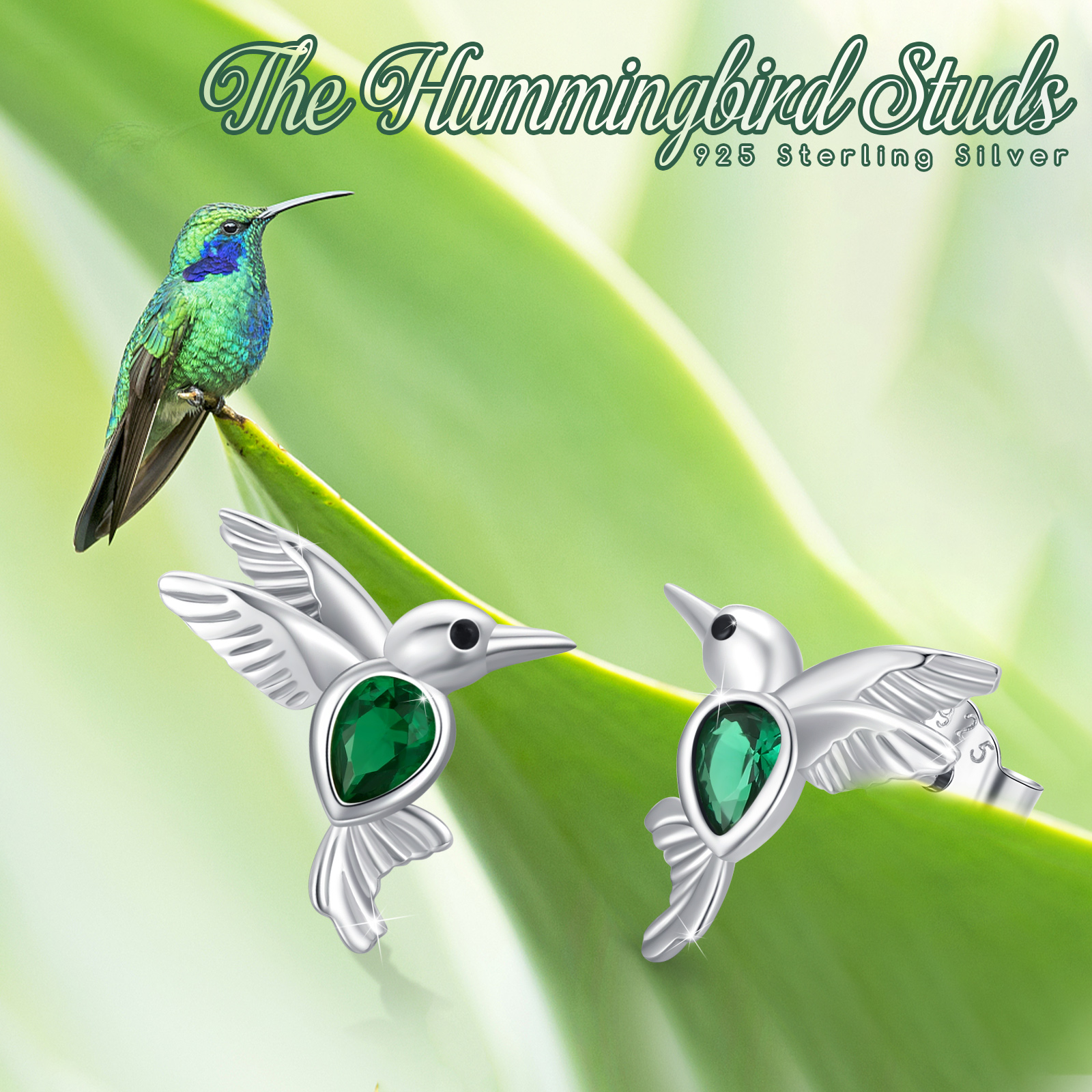 Cuoka Hummingbird Stud Earrings 925 Sterling Silver Cute Earrings Green Cubic Zirconia Jewelry for Women Mom Wife Birthday Valentine's Day Gift for Sensitive Ears