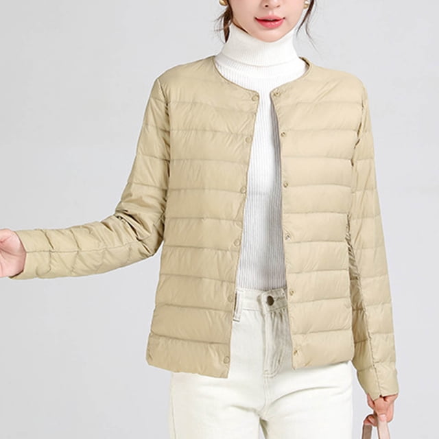 EGNMCR Parkas à Manches Longues pour Femmes Veste Légère Unie en Duvet Col Rond Veste Courte Veste à Manches Longues Haut en polyester pour Femmes