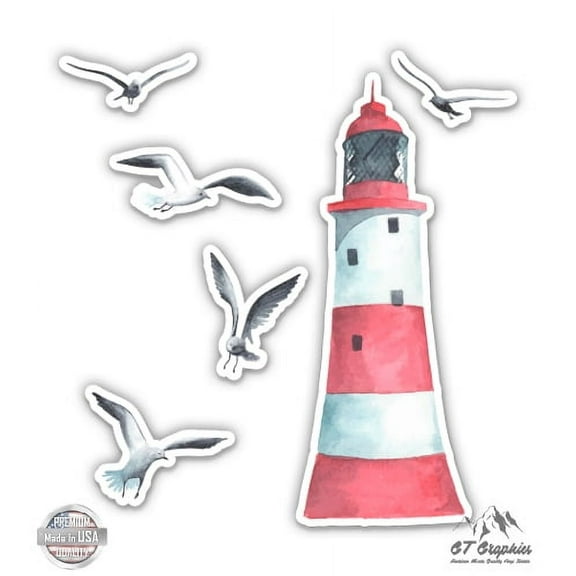 Lighthouse Seagulls Ocean Beach Theme - 3" Vinyl Sticker - For Car Laptop I-Pad Phone Helmet Hard Hat - Waterproof Decal