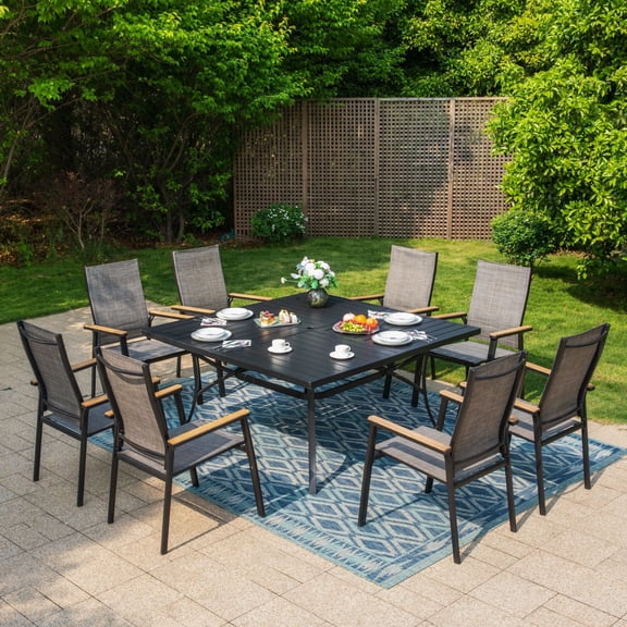 SUMMIT LIVING 9-Piece Outdoor Patio Dining Set, Square Patio Table with Umbrella Hole and Textilene Stackable Aluminum Armchairs for 8, Gray